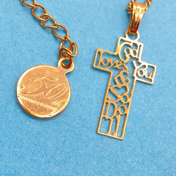 Gold Cross "God Loves You & So Do I" Scroll Work Dainty On Gold Tone Chain - Picture 5 of 6